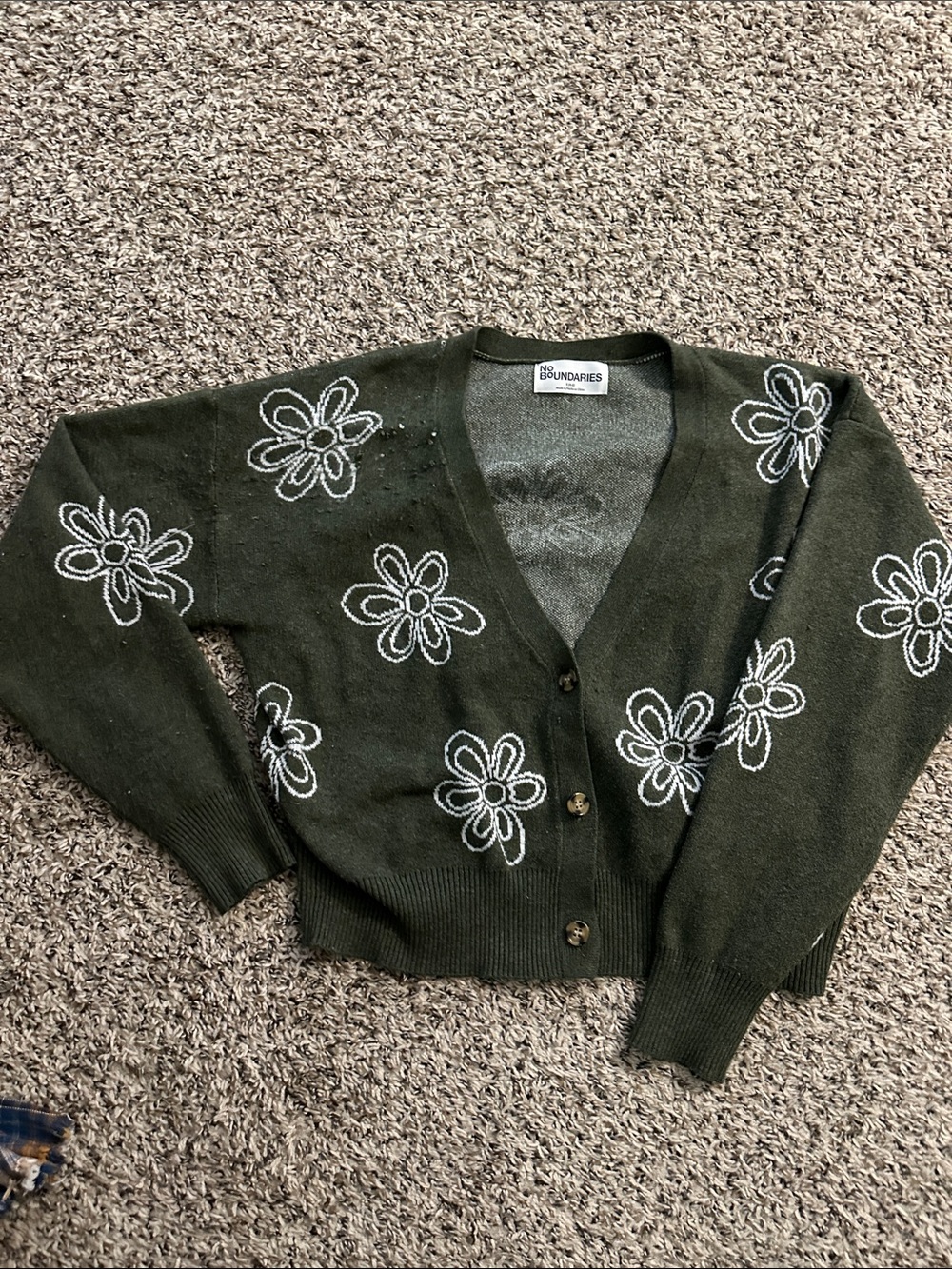 No Boundaries Dark Olive Green Floral Button-Up V‑Neck Cardigan
